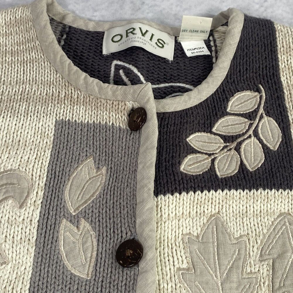 Orvis Womens Sweater Size S Beige Gray Cardigan Embroidered Leaves Cottage VTG - Picture 13 of 16